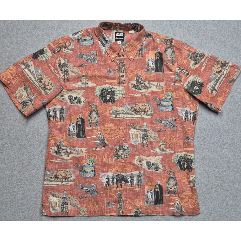 Reyn Spooner Star Wars Shirt Men 2XL Coral Red Short Sleeve Hawaiian Button Down